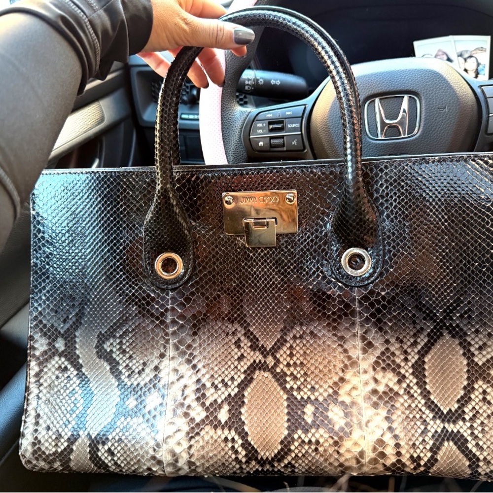Jimmy Choo Black and Brown Riley python Snake Print Satchel